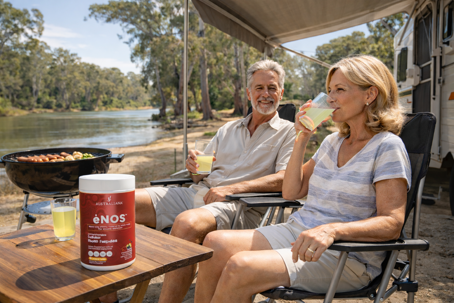Couple camping by the river with ėNOS