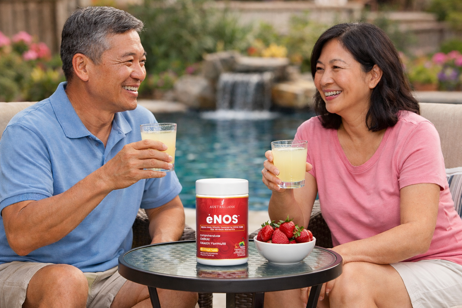 Couple relaxing poolside with ėNOS