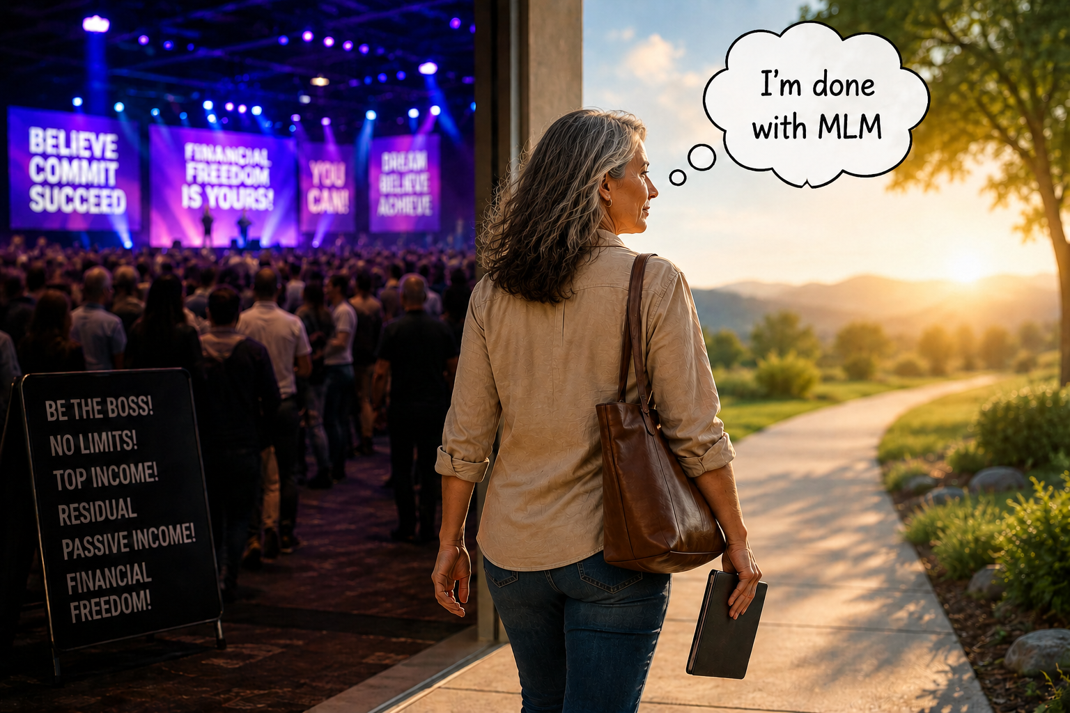 Woman walking away from MLM hype toward a calmer path — 'I'm done with MLM'